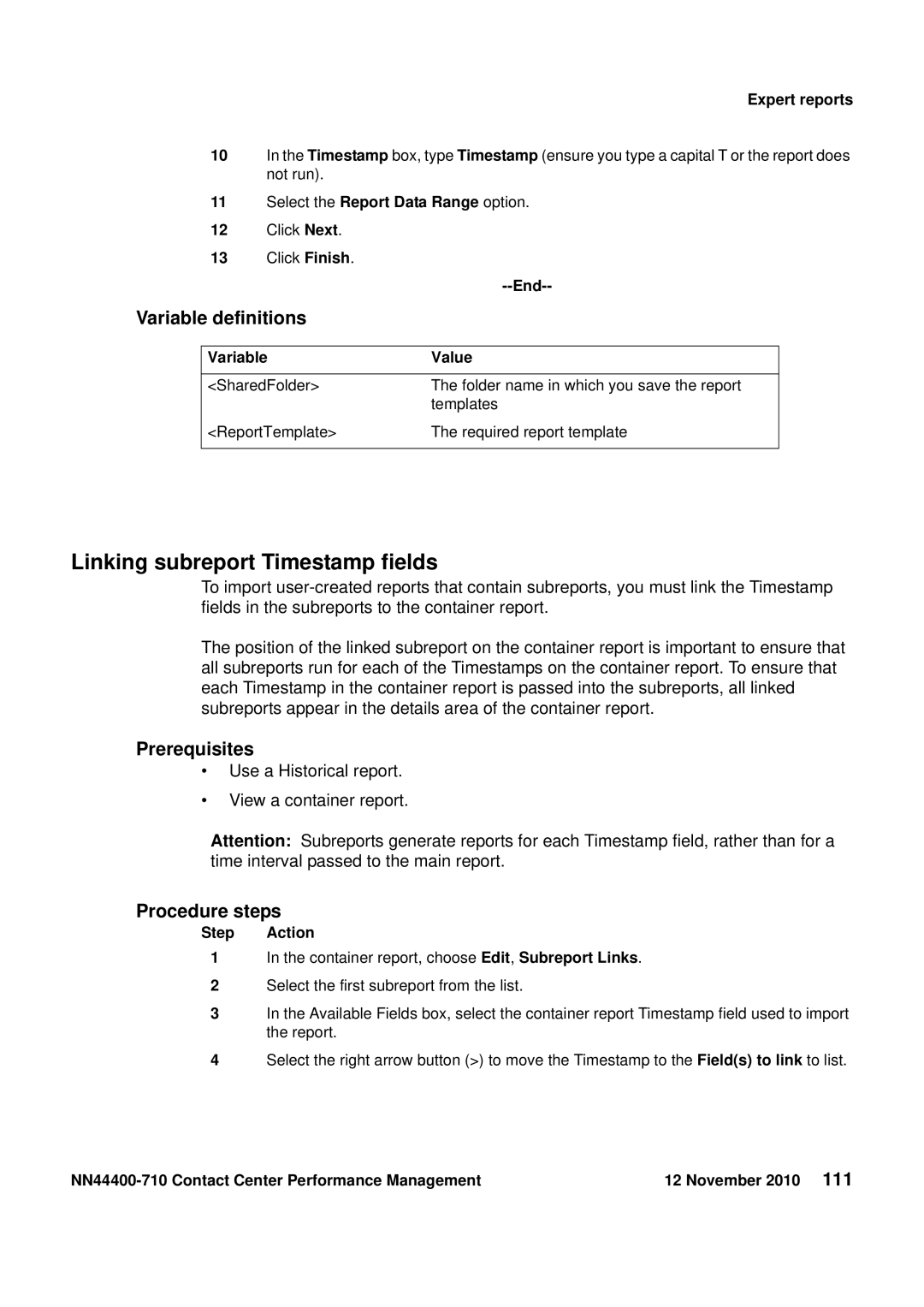 Avaya NN44400-710 manual Linking subreport Timestamp fields 