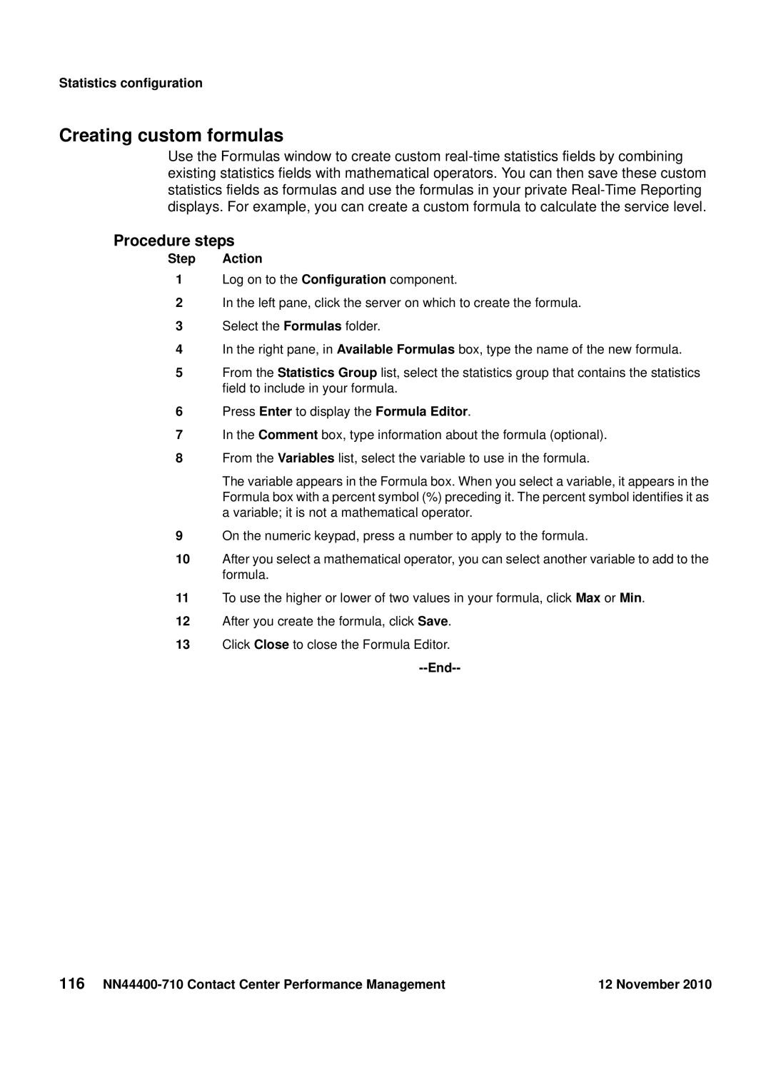 Avaya NN44400-710 manual Creating custom formulas, Statistics configuration 