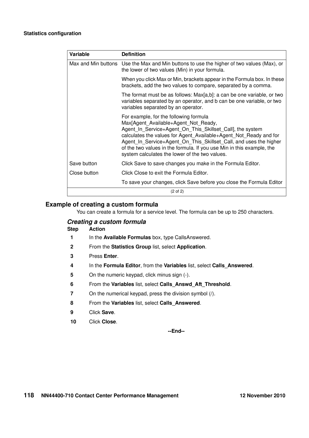 Avaya NN44400-710 manual Statistics configuration Variable Definition, From the Statistics Group list, select Application 