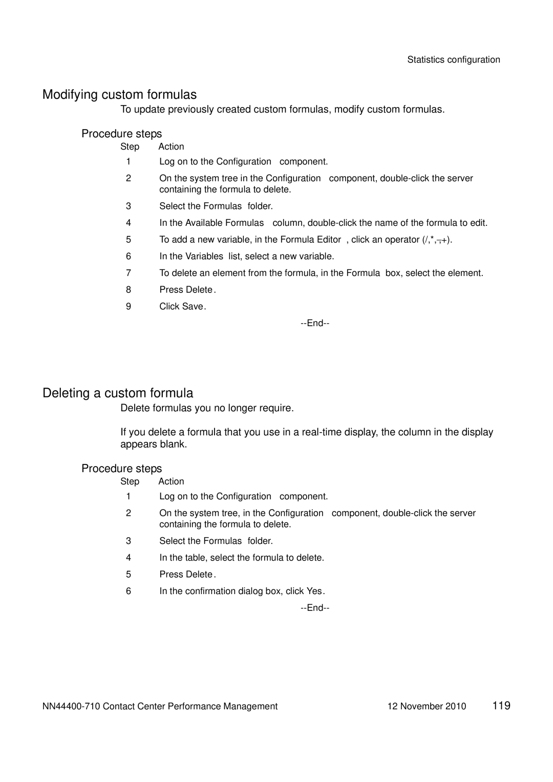 Avaya NN44400-710 manual Modifying custom formulas, Deleting a custom formula 