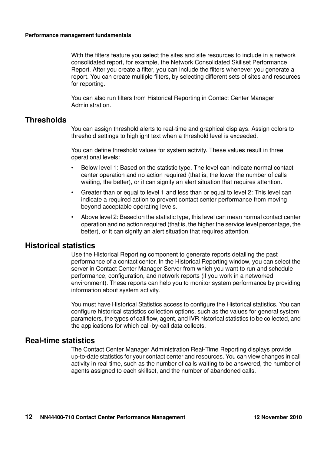 Avaya NN44400-710 manual Thresholds, Historical statistics, Real-time statistics, Performance management fundamentals 
