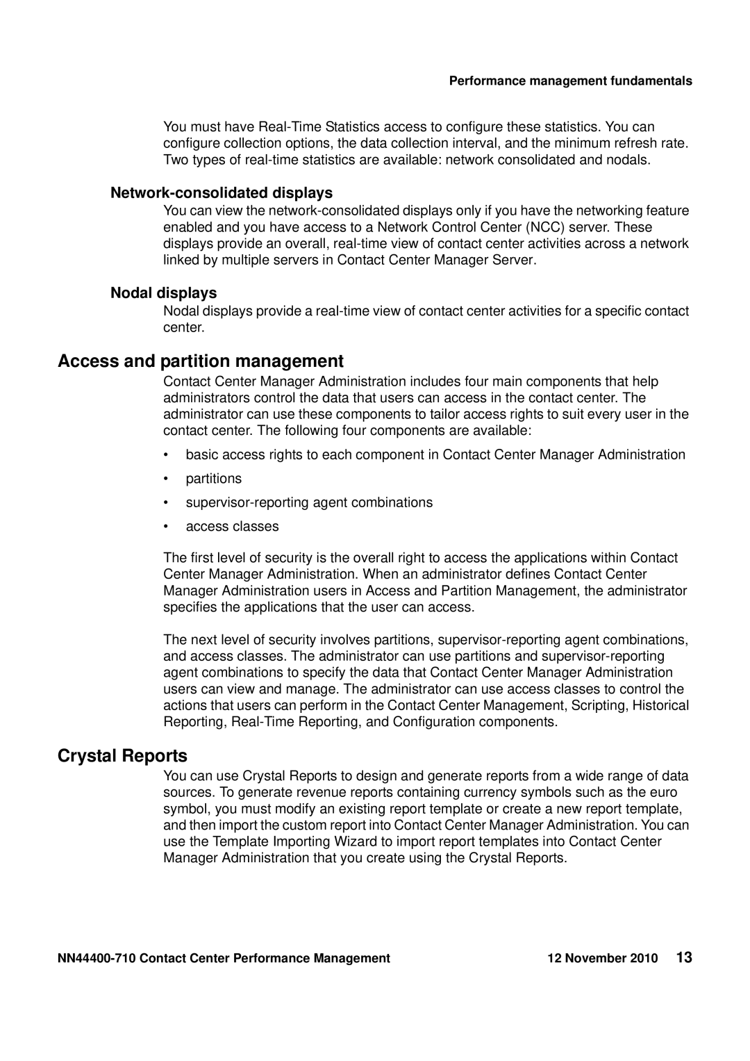 Avaya NN44400-710 manual Access and partition management, Crystal Reports 