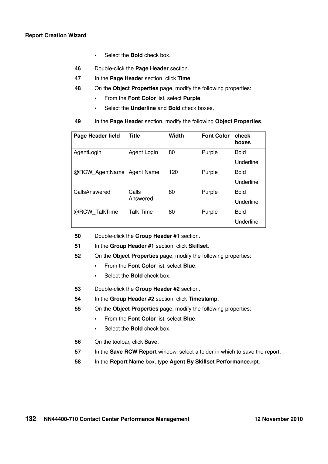 Avaya NN44400-710 manual Header field Title Width Font Color Check Boxes, Group Header #1 section, click Skillset 