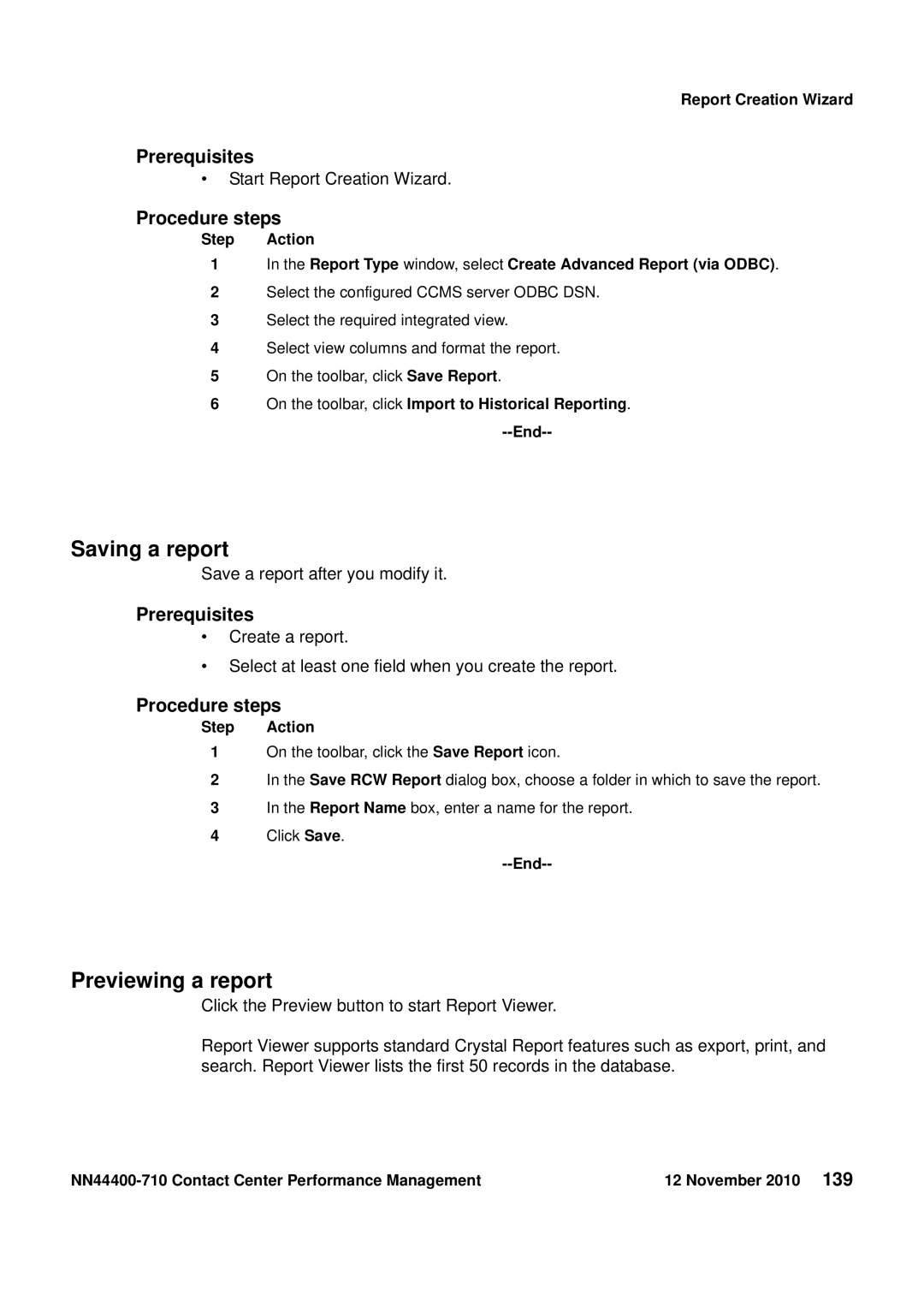 Avaya NN44400-710 manual Saving a report, Previewing a report, On the toolbar, click Import to Historical Reporting End 