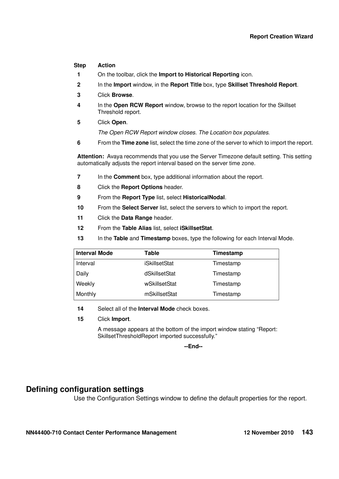 Avaya NN44400-710 manual Defining configuration settings, Report Creation Wizard Step Action, Interval Mode Timestamp 