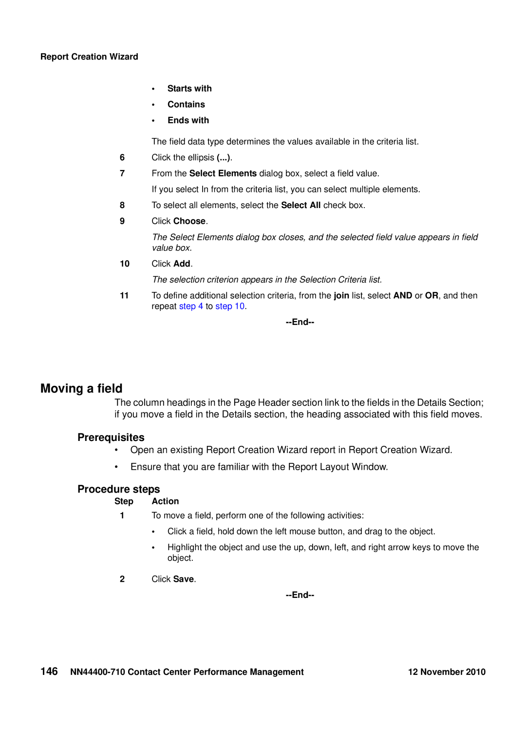 Avaya NN44400-710 manual Moving a field, Report Creation Wizard Starts with Contains Ends with 