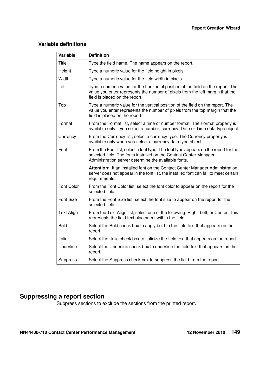 Avaya NN44400-710 manual Suppressing a report section, Variable Definition 