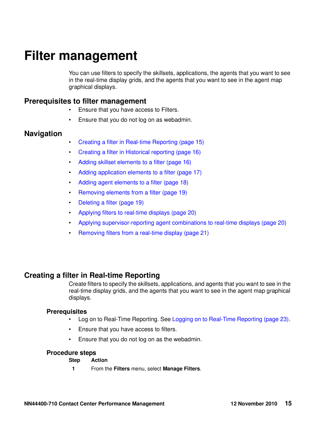 Avaya NN44400-710 manual Filter management, Prerequisites to filter management, Creating a filter in Real-time Reporting 