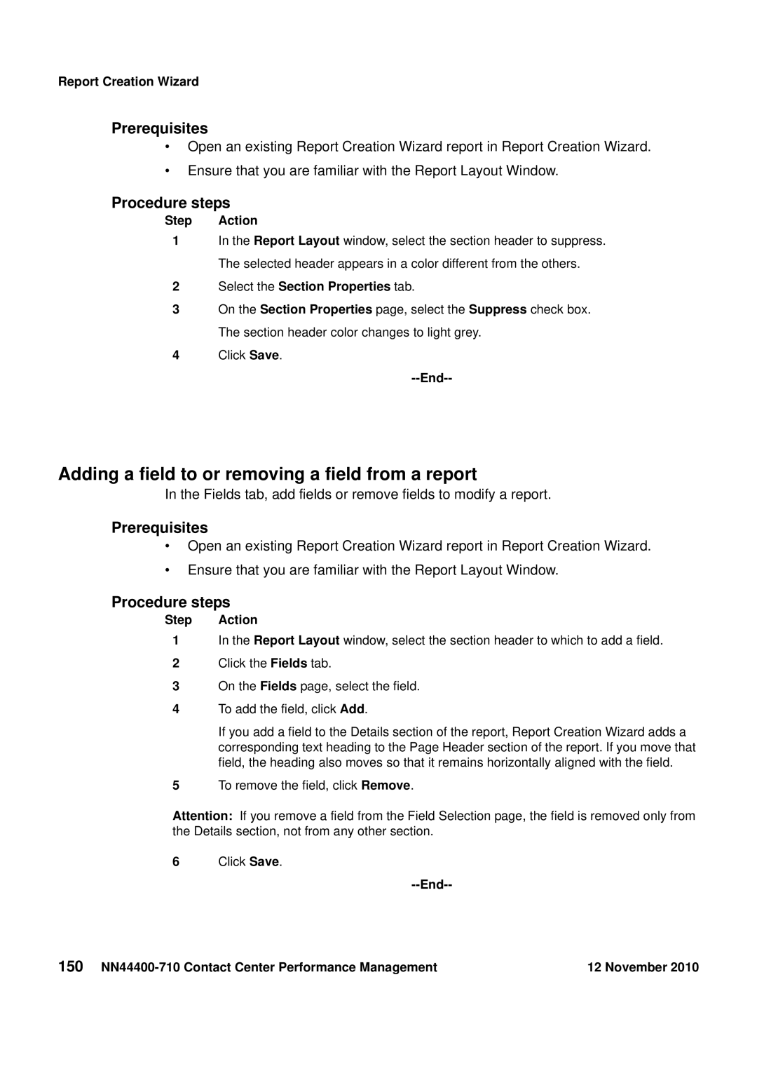 Avaya NN44400-710 manual Adding a field to or removing a field from a report, Select the Section Properties tab 