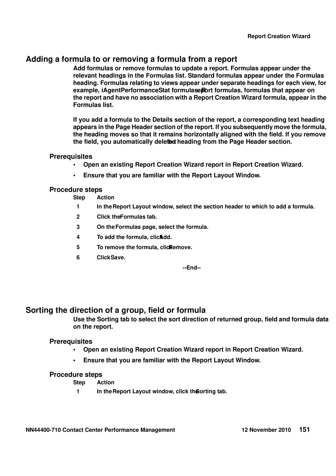 Avaya NN44400-710 manual Adding a formula to or removing a formula from a report 