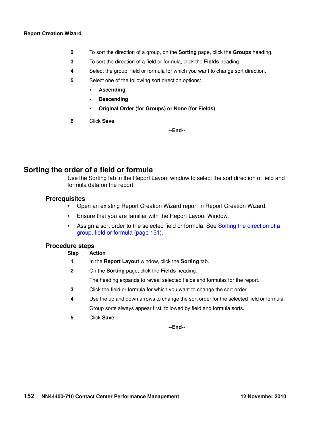 Avaya NN44400-710 manual Sorting the order of a field or formula 