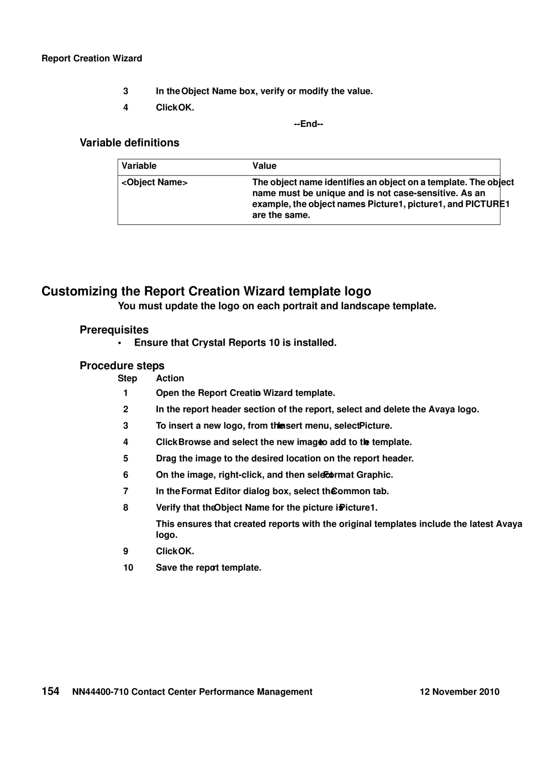 Avaya NN44400-710 manual Customizing the Report Creation Wizard template logo, Variable Value 