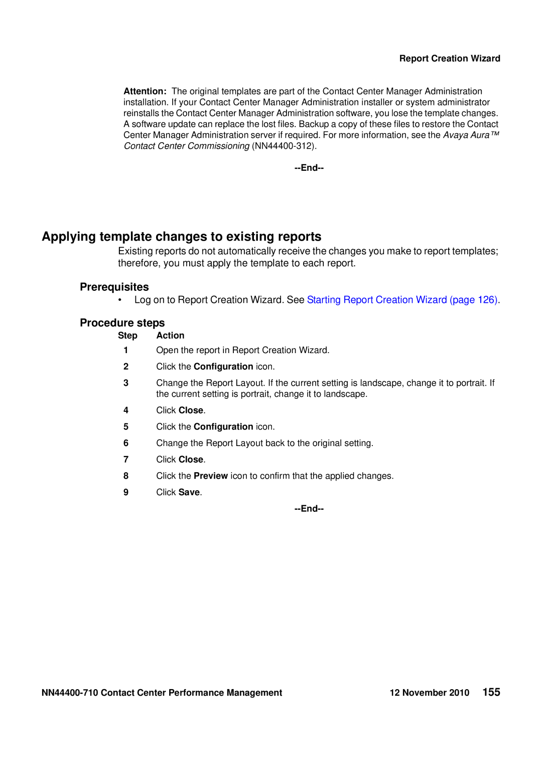 Avaya NN44400-710 manual Applying template changes to existing reports, Report Creation Wizard End 