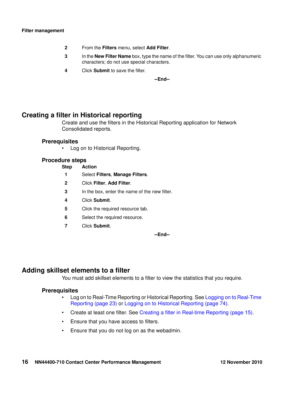 Avaya NN44400-710 Creating a filter in Historical reporting, Adding skillset elements to a filter, Filter management, End 