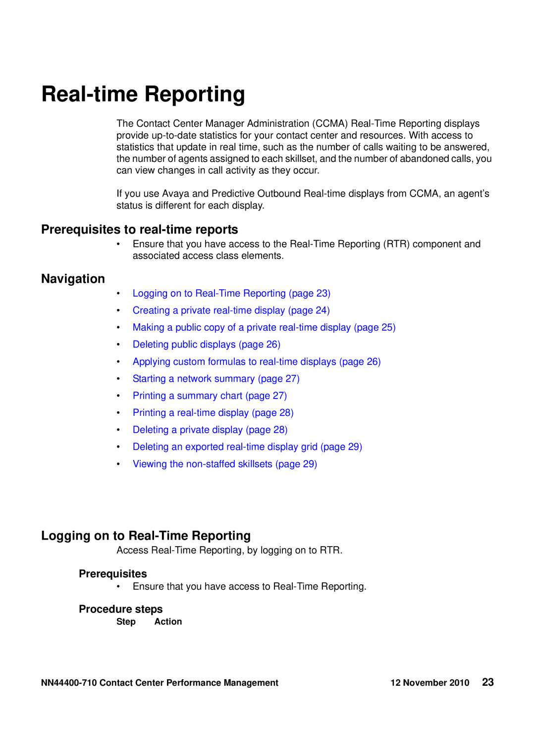 Avaya NN44400-710 manual Real-time Reporting, Prerequisites to real-time reports, Logging on to Real-Time Reporting 