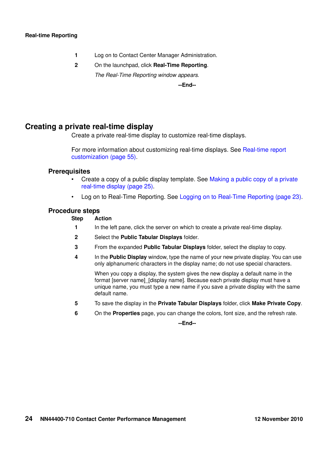 Avaya NN44400-710 Creating a private real-time display, Real-time Reporting, Select the Public Tabular Displays folder 