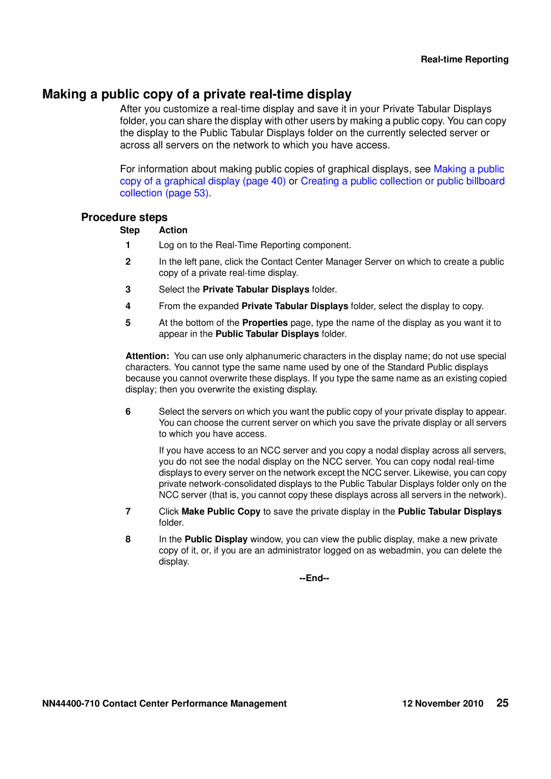 Avaya NN44400-710 manual Making a public copy of a private real-time display, Select the Private Tabular Displays folder 