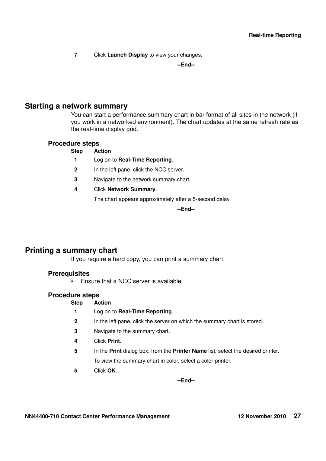 Avaya NN44400-710 manual Starting a network summary, Printing a summary chart, Step Action Log on to Real-Time Reporting 