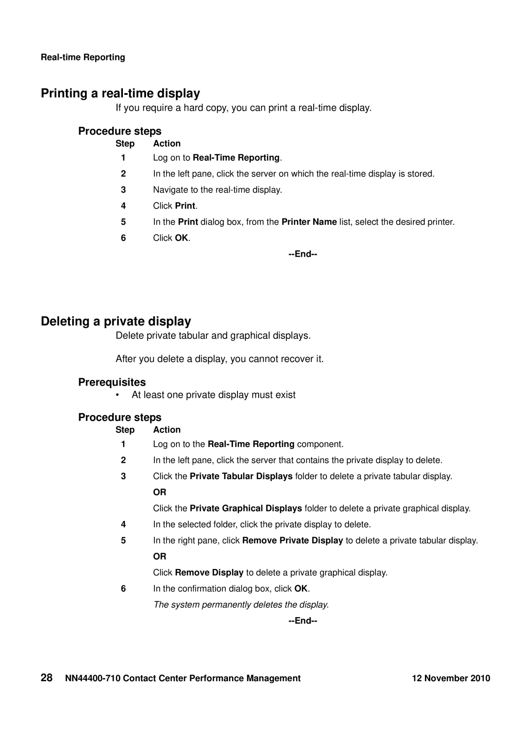 Avaya NN44400-710 manual Printing a real-time display, Deleting a private display 