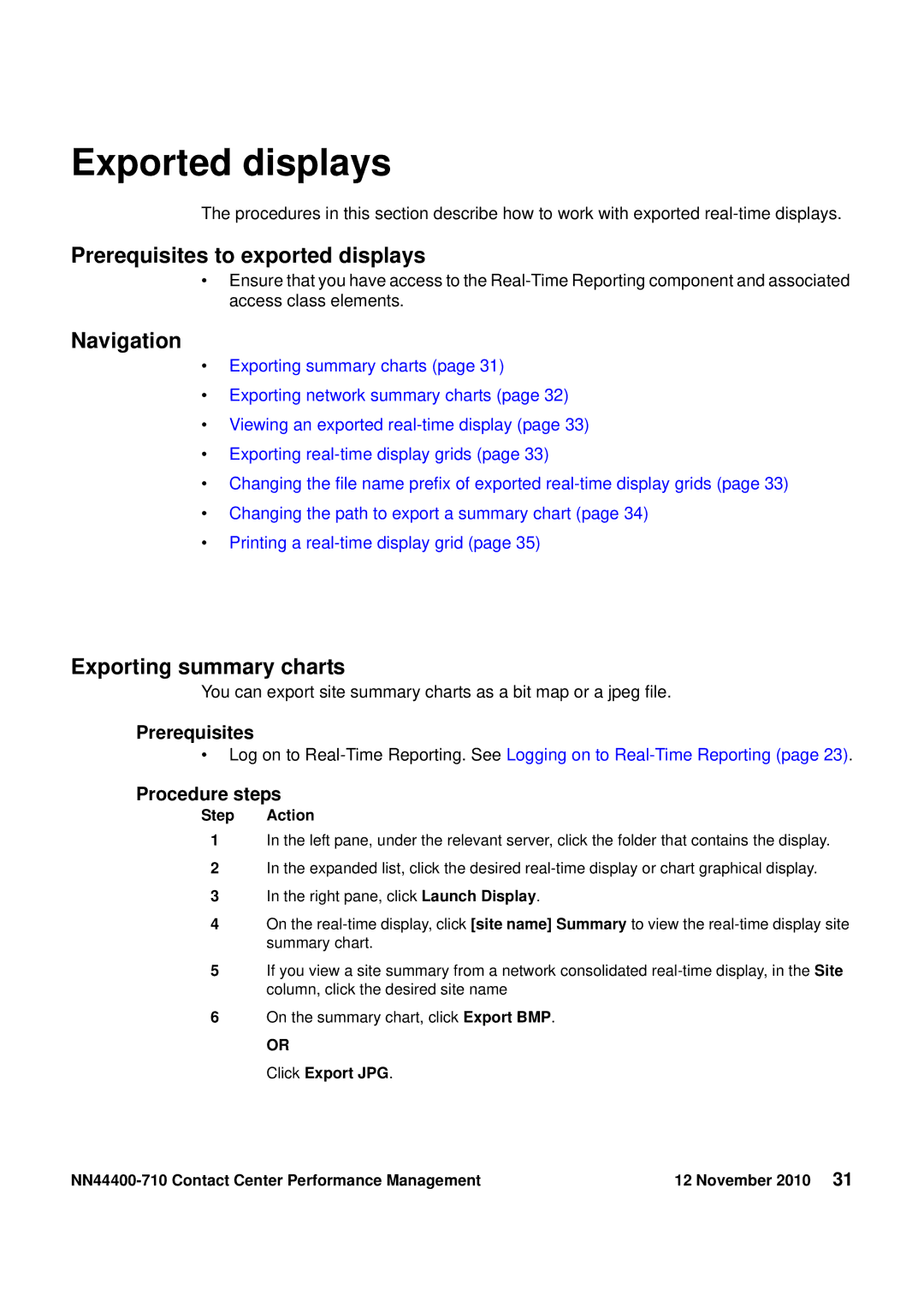 Avaya NN44400-710 manual Exported displays, Prerequisites to exported displays, Exporting summary charts 