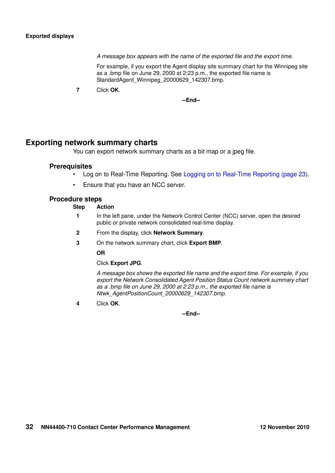 Avaya NN44400-710 manual Exporting network summary charts, Exported displays, Click Export JPG 