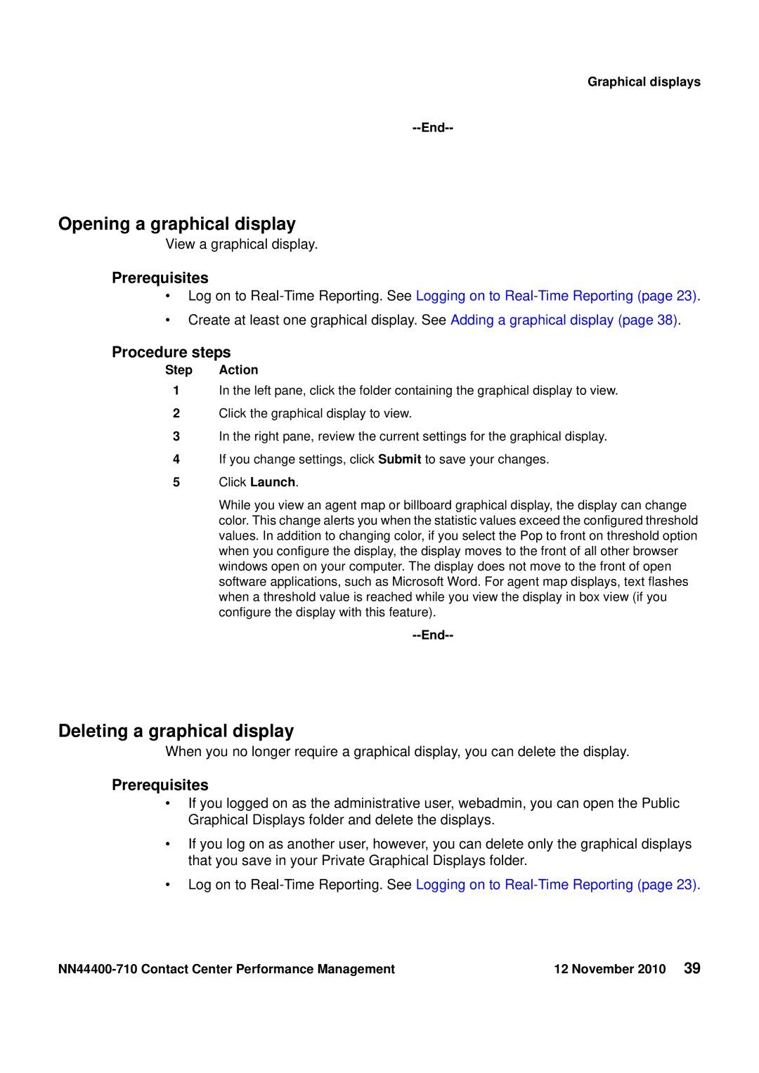 Avaya NN44400-710 manual Opening a graphical display, Deleting a graphical display, Graphical displays End 