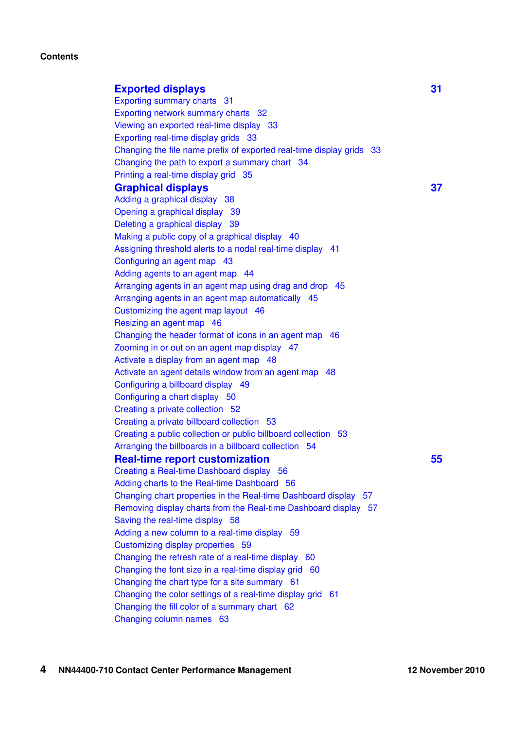 Avaya manual Contents, NN44400-710 Contact Center Performance Management November 