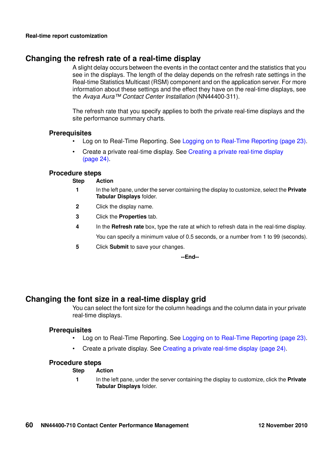 Avaya NN44400-710 Changing the refresh rate of a real-time display, Changing the font size in a real-time display grid 