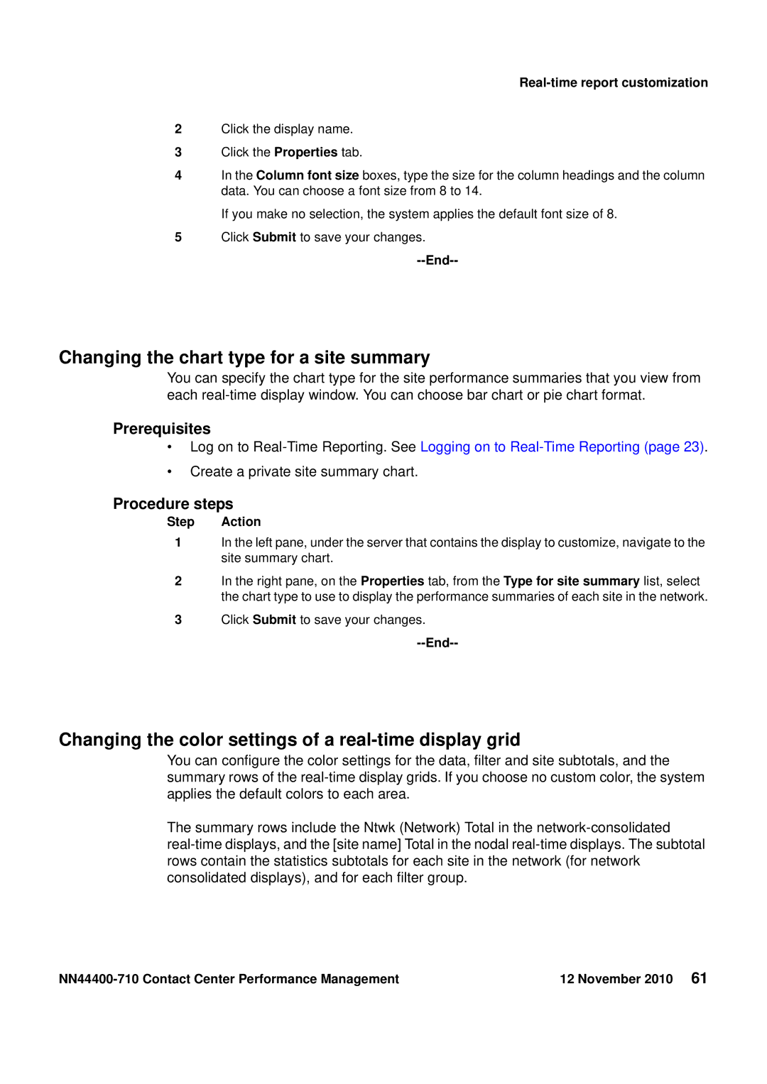 Avaya NN44400-710 Changing the chart type for a site summary, Changing the color settings of a real-time display grid 