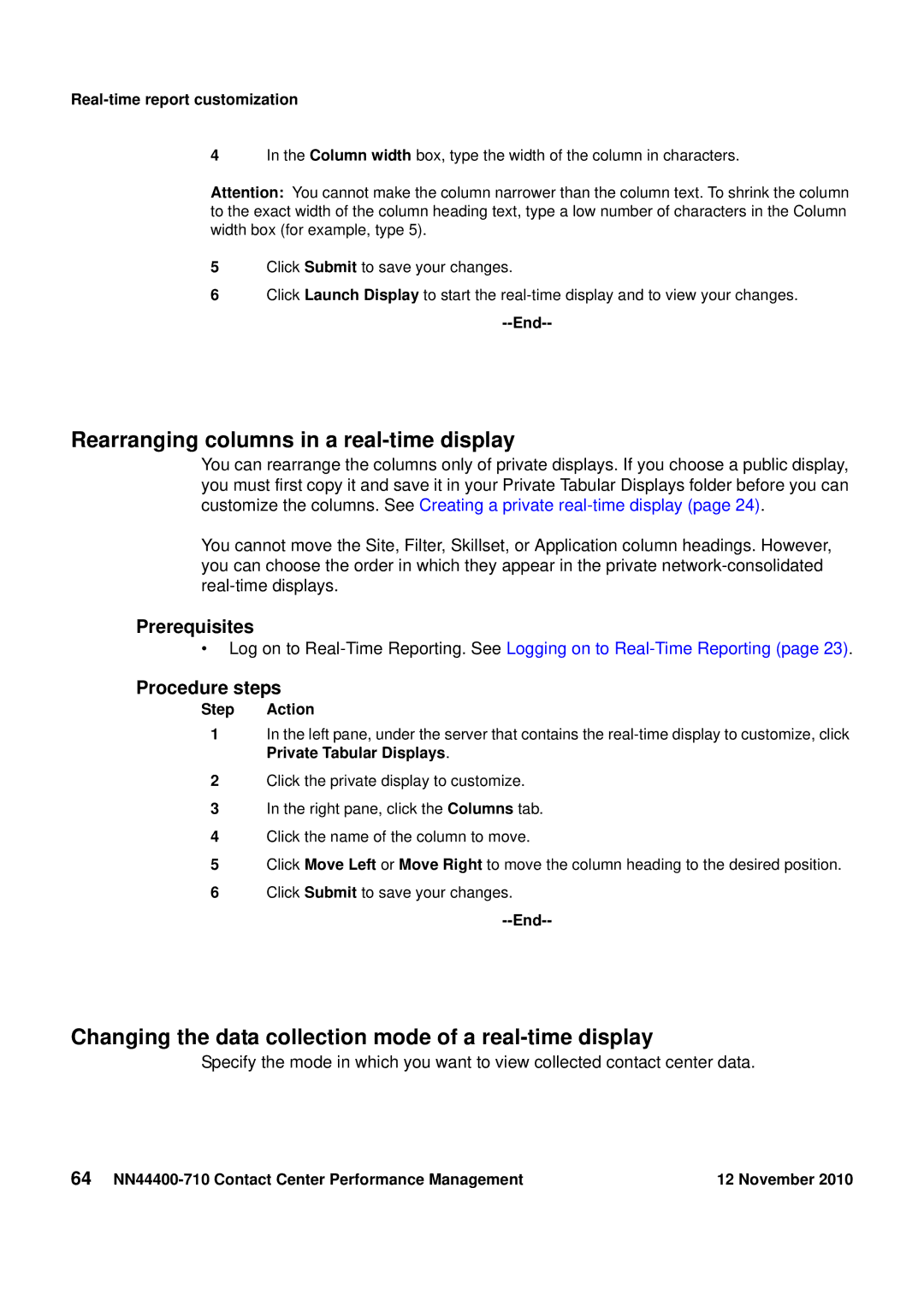 Avaya NN44400-710 Rearranging columns in a real-time display, Changing the data collection mode of a real-time display 