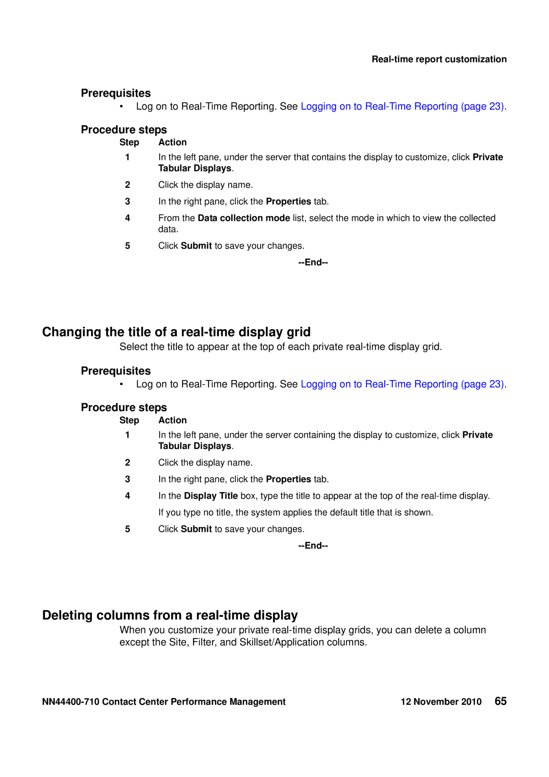 Avaya NN44400-710 manual Changing the title of a real-time display grid, Deleting columns from a real-time display 