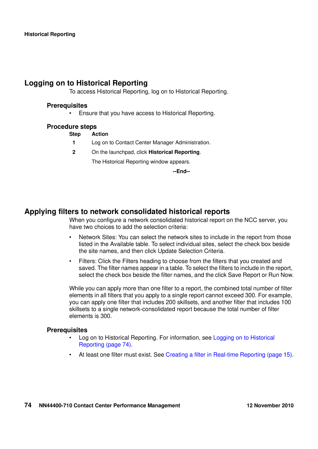 Avaya NN44400-710 manual Logging on to Historical Reporting, Applying filters to network consolidated historical reports 