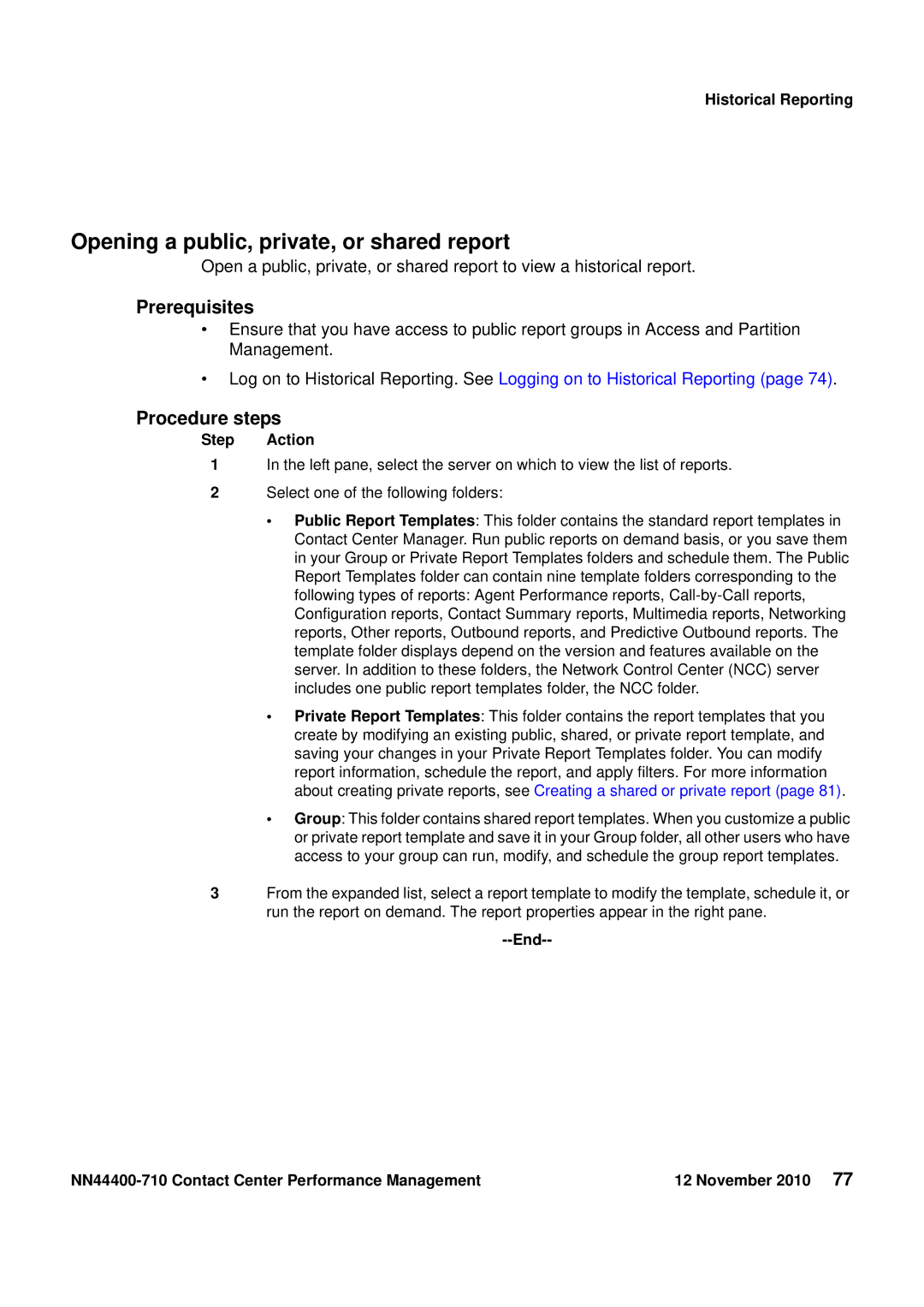 Avaya NN44400-710 manual Opening a public, private, or shared report 