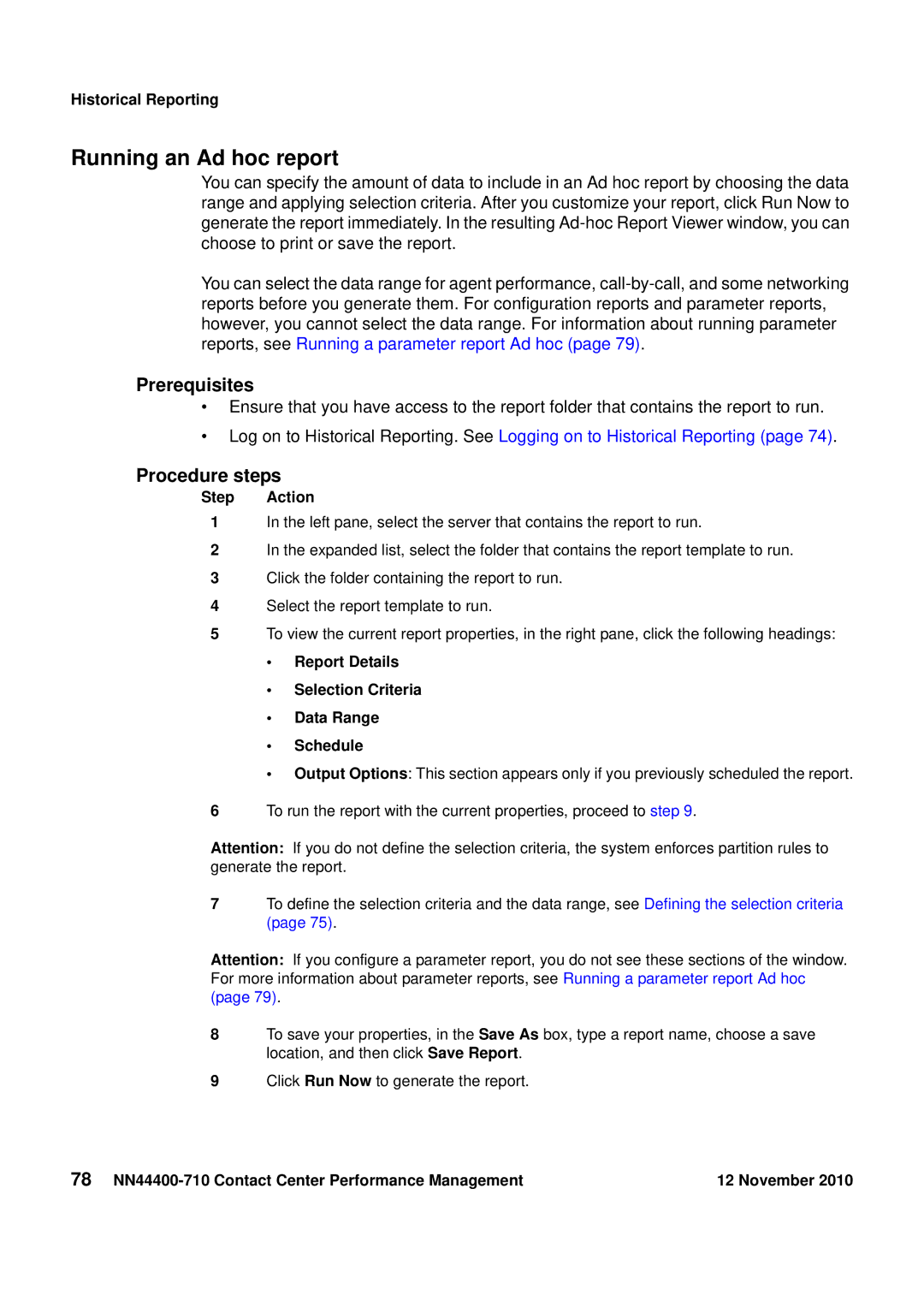 Avaya NN44400-710 manual Running an Ad hoc report, Report Details Selection Criteria Data Range Schedule 