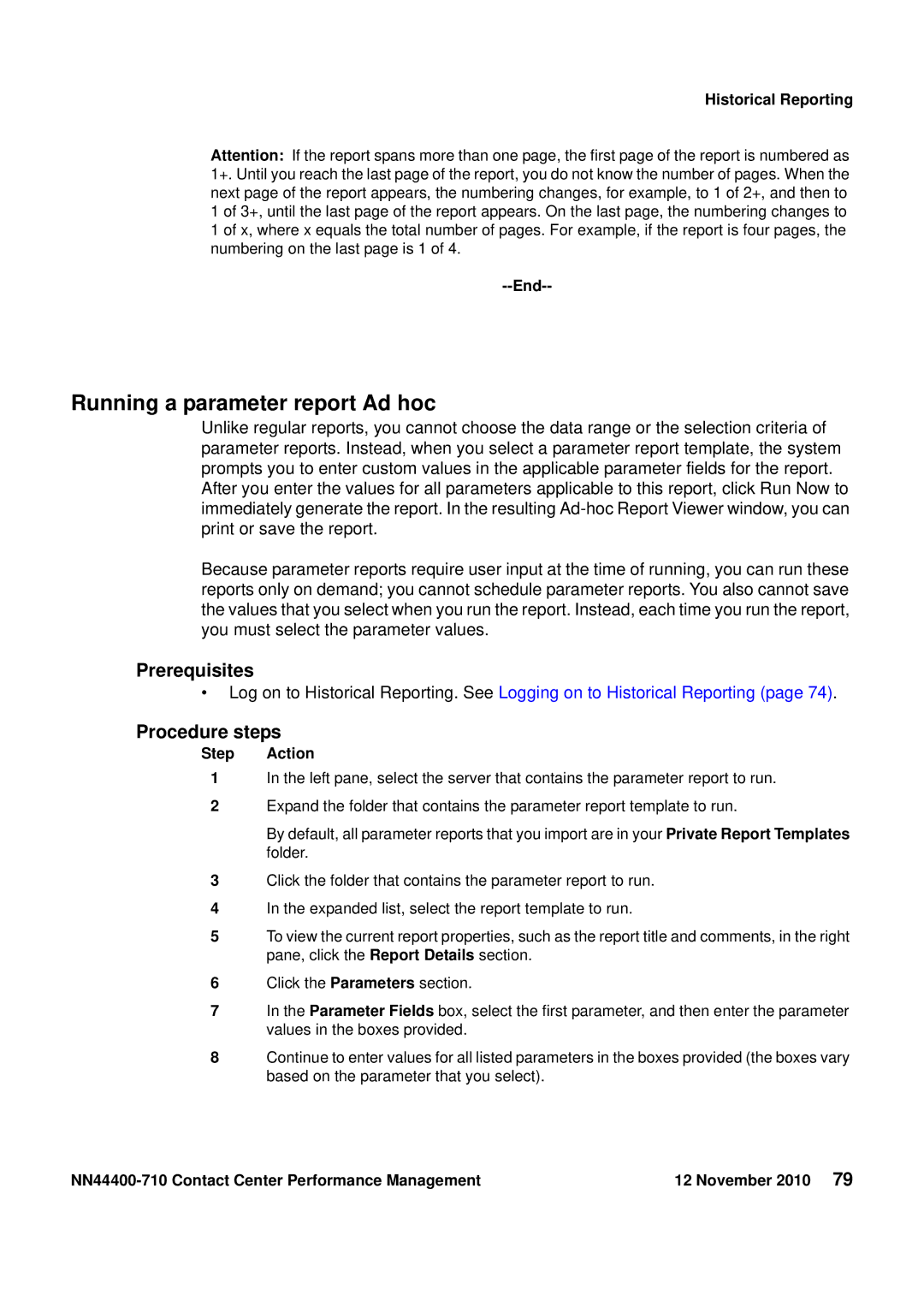 Avaya NN44400-710 manual Running a parameter report Ad hoc, Historical Reporting End 