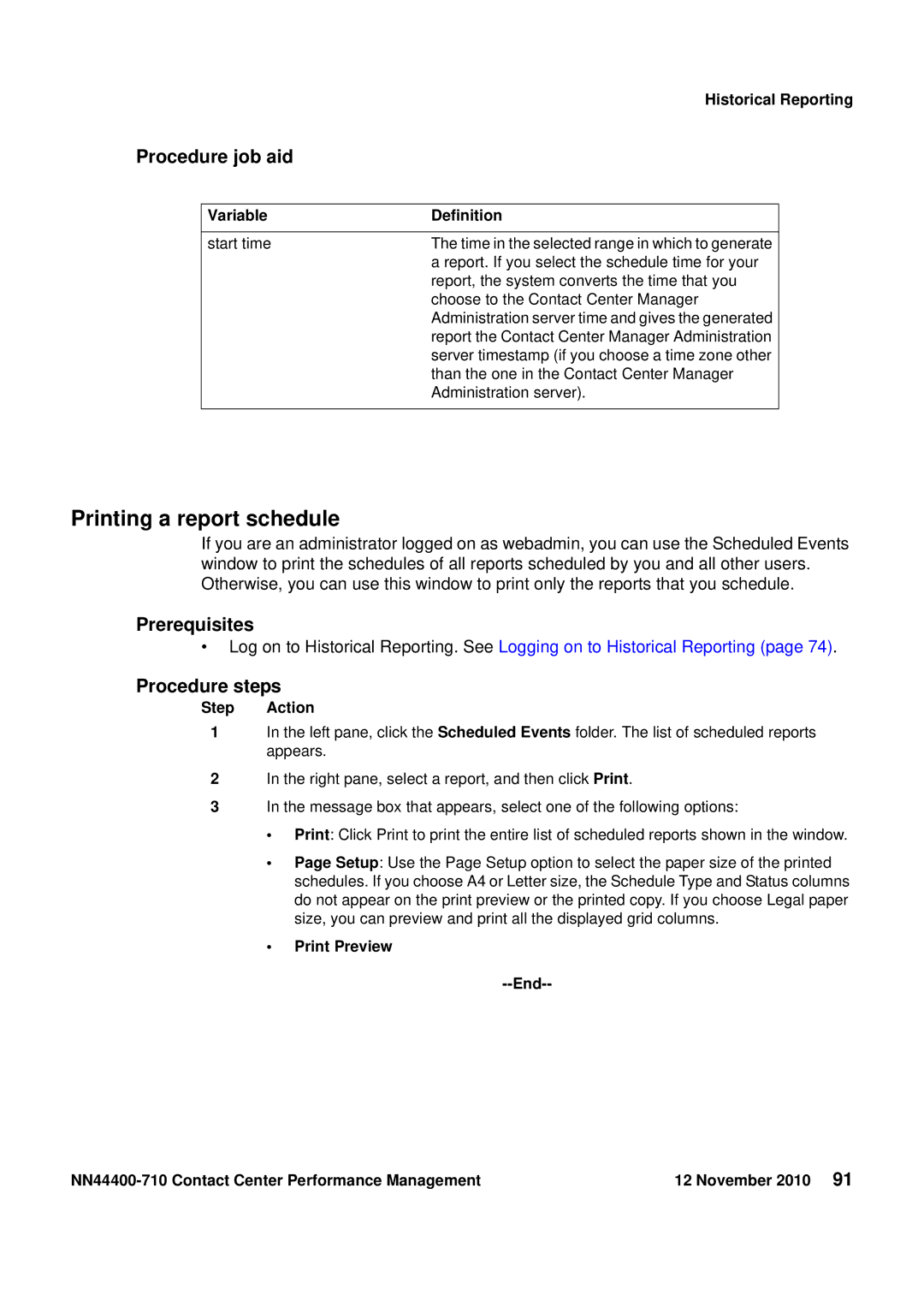 Avaya NN44400-710 manual Printing a report schedule, Variable Definition 