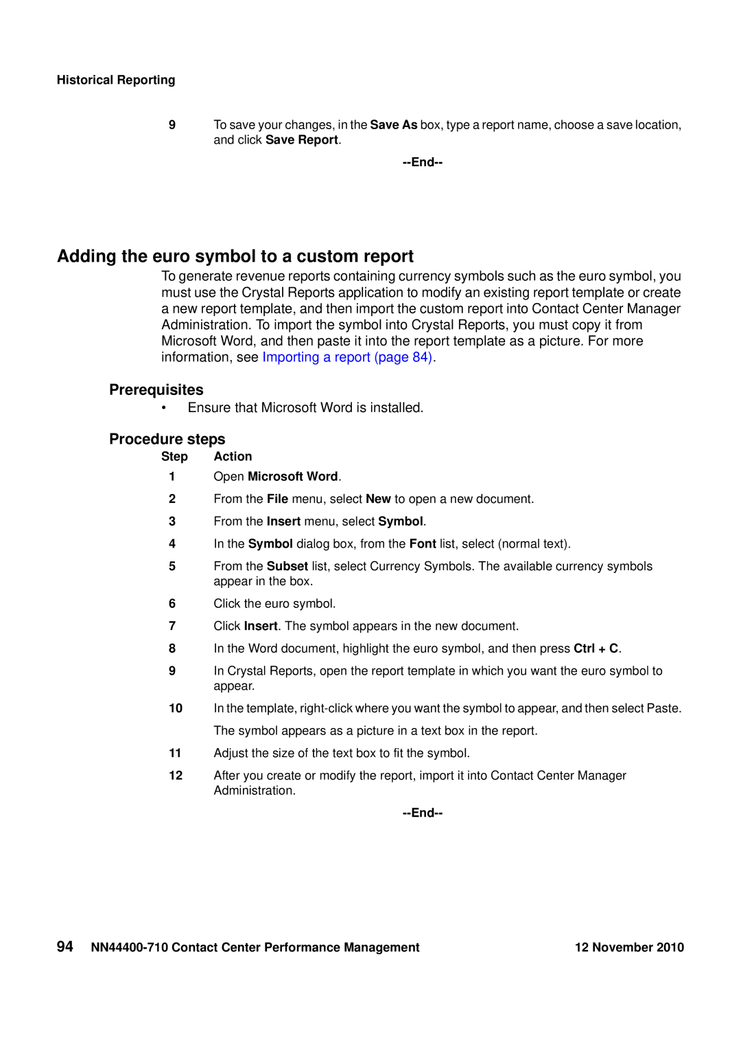 Avaya NN44400-710 manual Adding the euro symbol to a custom report, Step Action Open Microsoft Word 