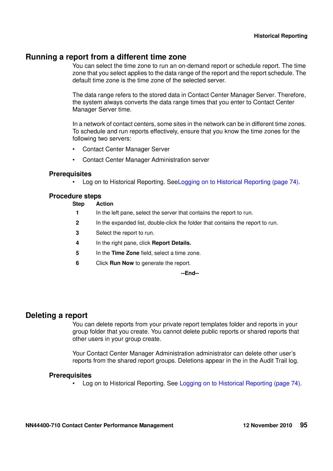 Avaya NN44400-710 manual Running a report from a different time zone, Deleting a report 