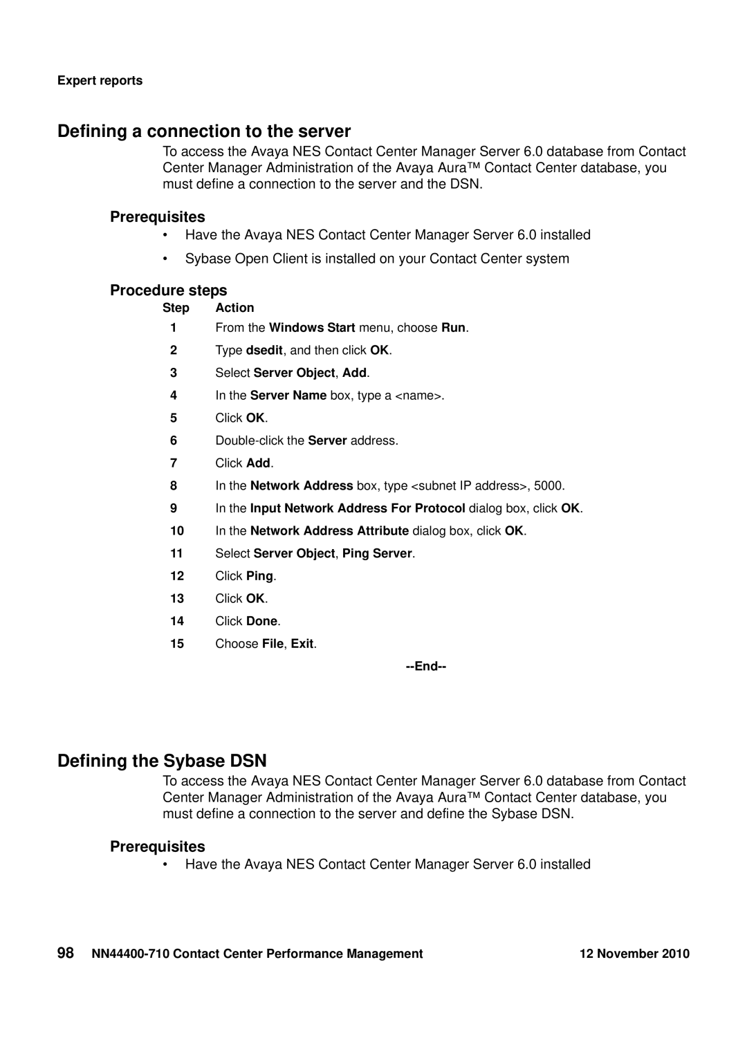 Avaya NN44400-710 Defining a connection to the server, Defining the Sybase DSN, Expert reports, Select Server Object, Add 