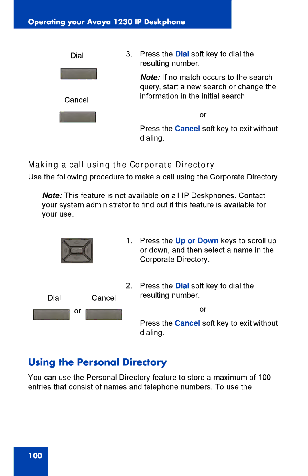 Avaya NTYS20DC70E6, 1230 manual Using the Personal Directory, Making a call using the Corporate Directory 