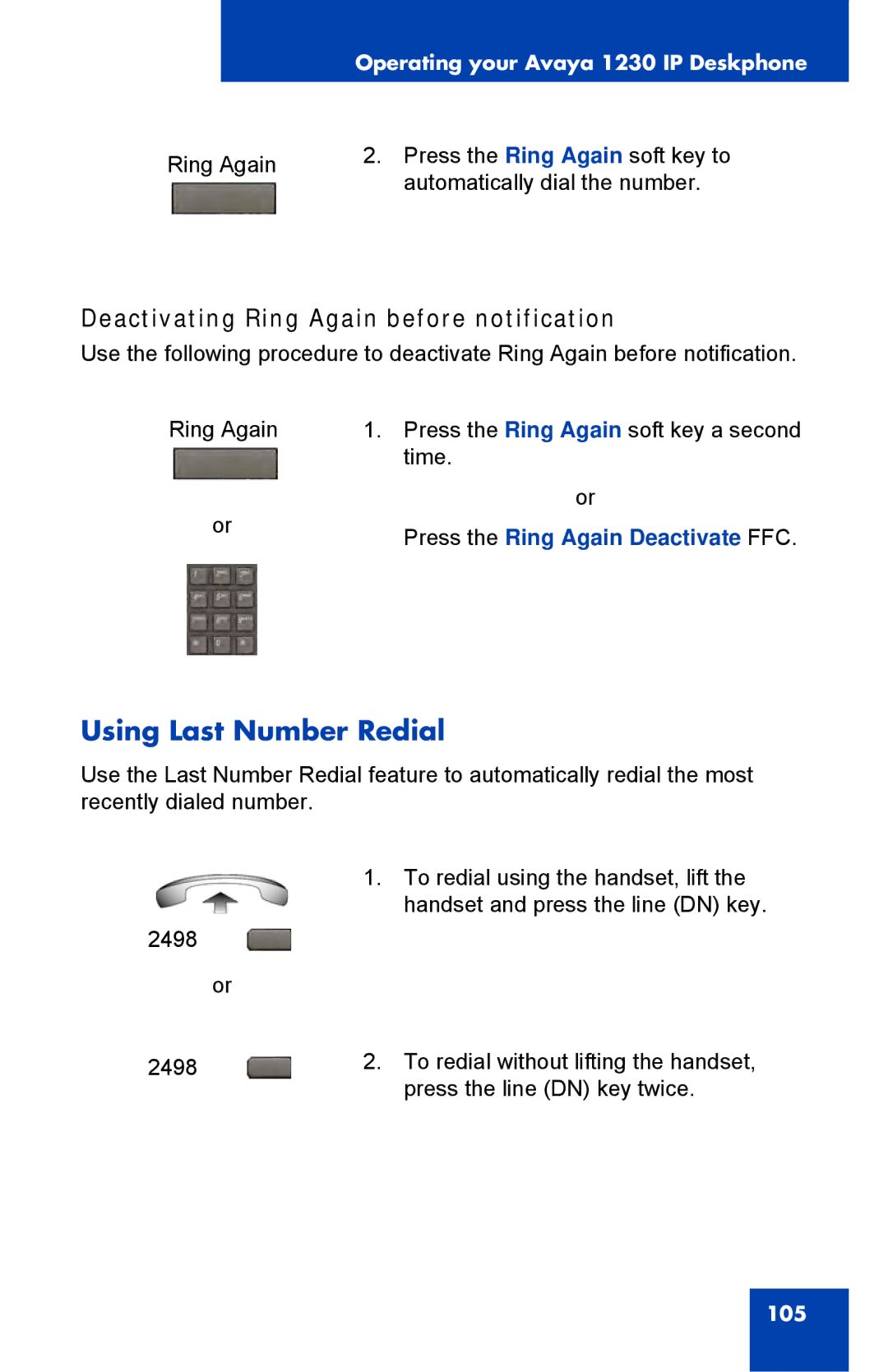 Avaya 1230 Using Last Number Redial, Deactivating Ring Again before notification, Press the Ring Again Deactivate FFC 