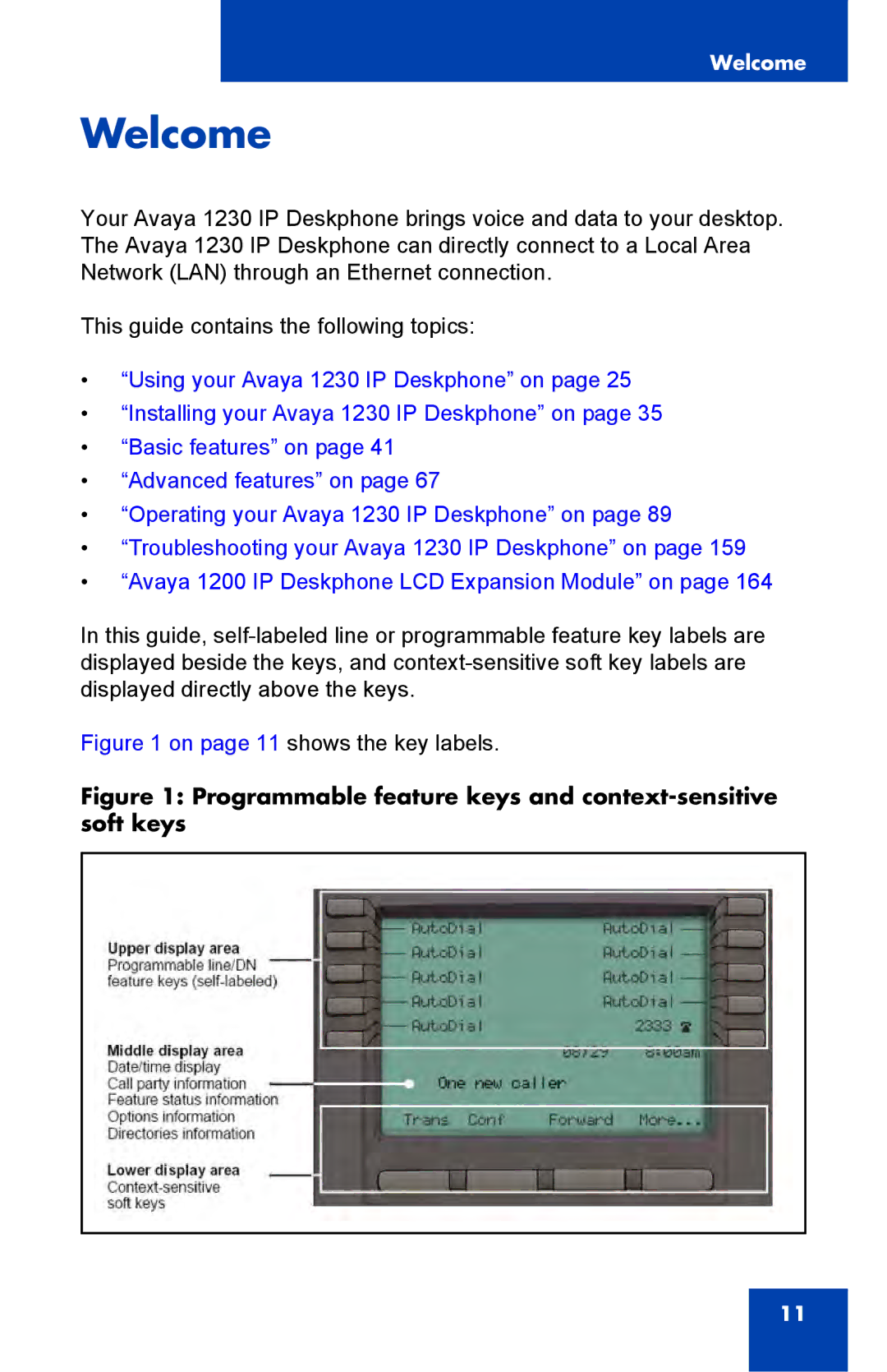 Avaya 1230, NTYS20DC70E6 manual Welcome, On page 11 shows the key labels 