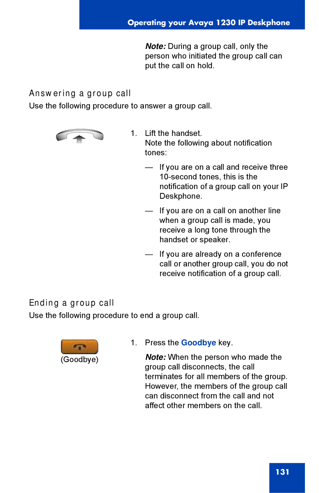 Avaya 1230, NTYS20DC70E6 manual Answering a group call, Ending a group call 