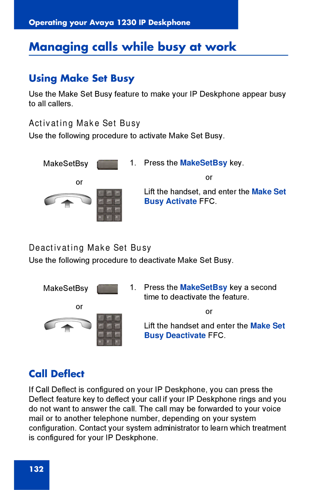 Avaya NTYS20DC70E6, 1230 Managing calls while busy at work, Using Make Set Busy, Call Deflect, Activating Make Set Busy 