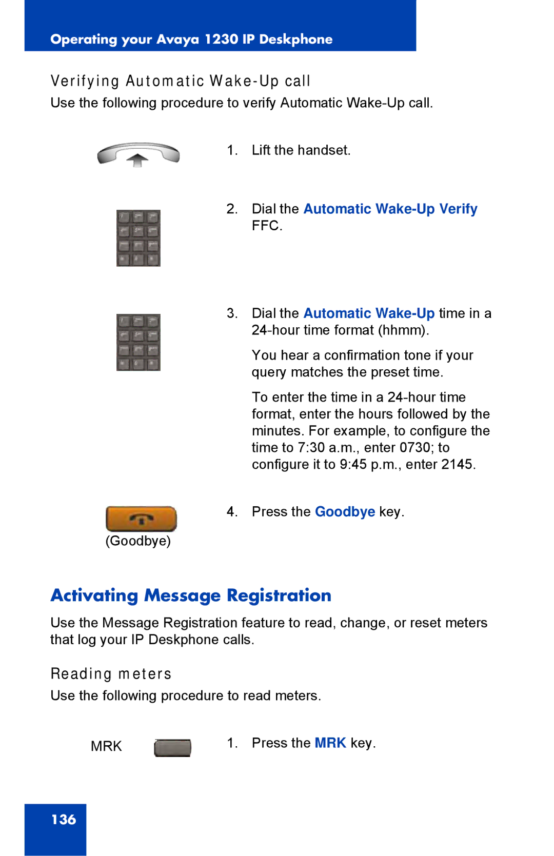 Avaya NTYS20DC70E6, 1230 manual Activating Message Registration, Verifying Automatic Wake-Up call, Reading meters 