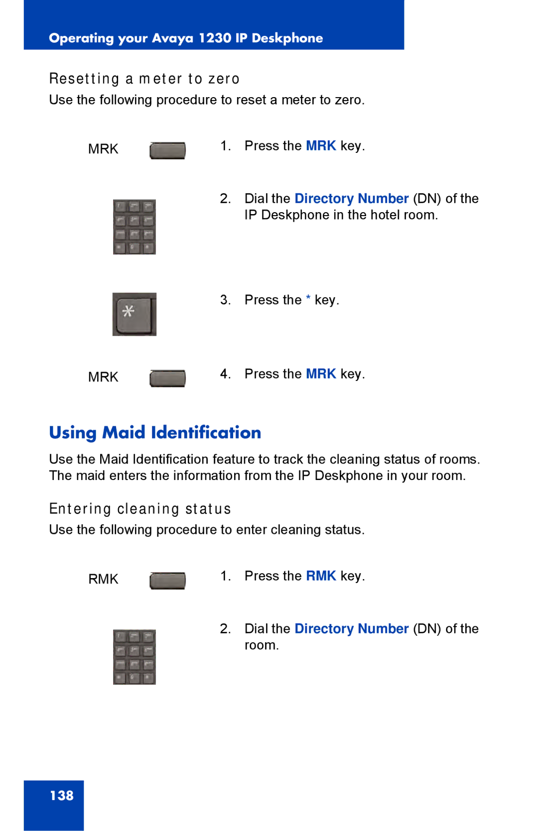 Avaya NTYS20DC70E6, 1230 manual Using Maid Identification, Resetting a meter to zero, Entering cleaning status 