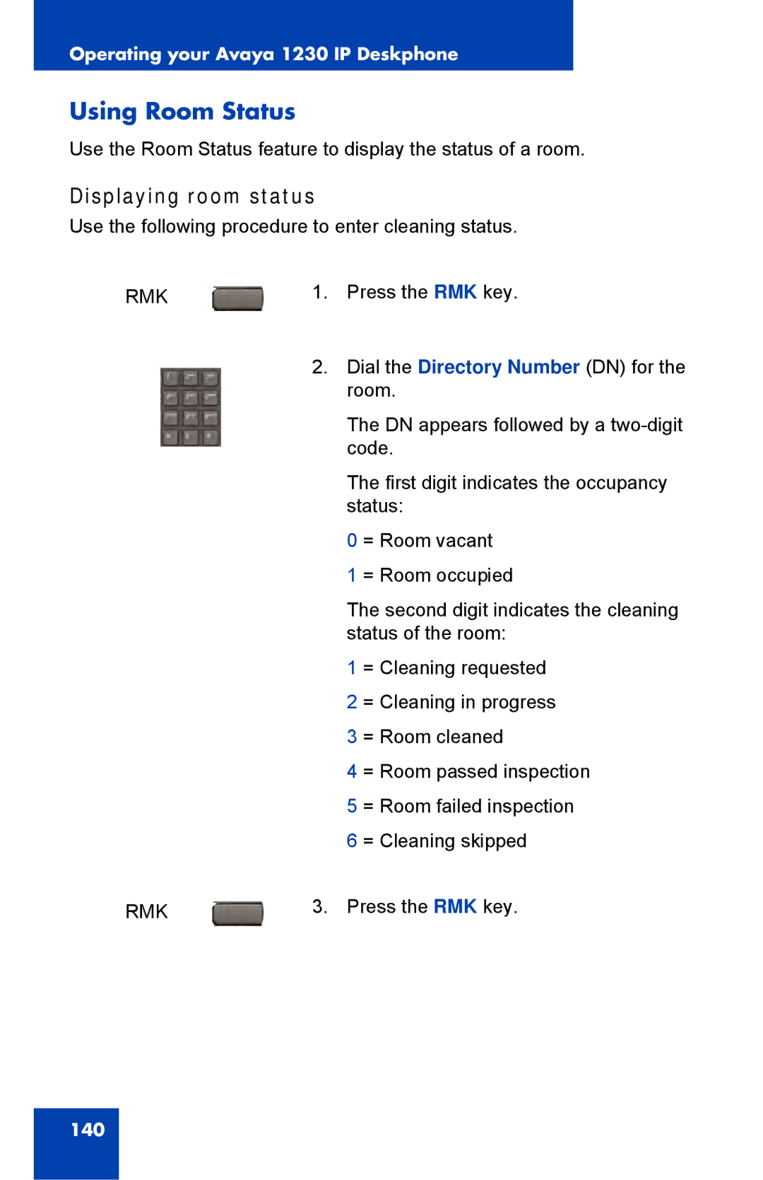 Avaya NTYS20DC70E6, 1230 manual Using Room Status, Displaying room status 