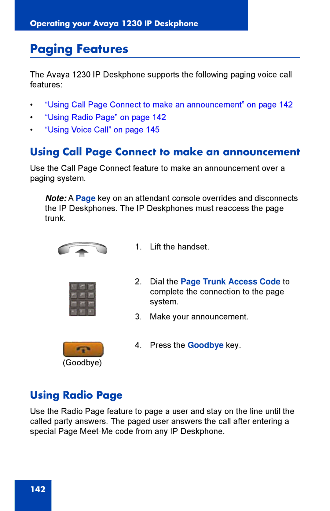 Avaya NTYS20DC70E6, 1230 manual Paging Features, Using Call Page Connect to make an announcement, Using Radio 