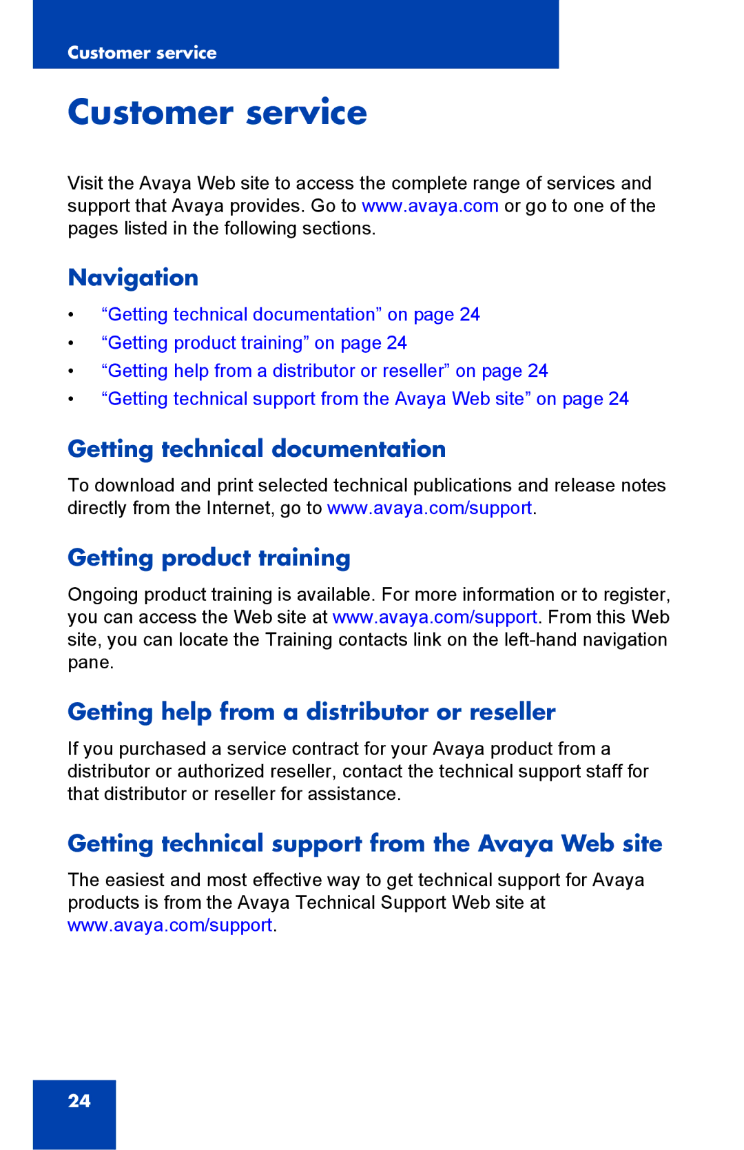 Avaya NTYS20DC70E6, 1230 manual Customer service, Navigation, Getting technical support from the Avaya Web site 