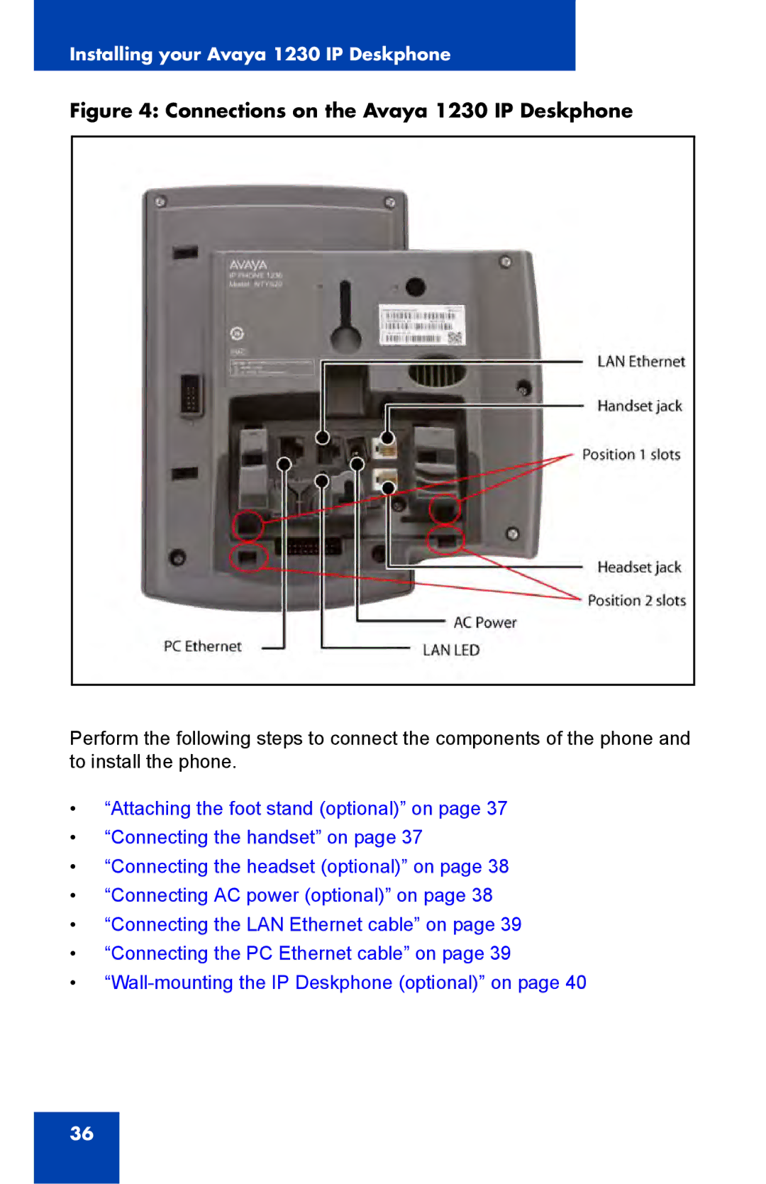 Avaya NTYS20DC70E6 manual Connections on the Avaya 1230 IP Deskphone 